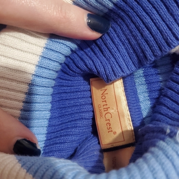 💙 Vintage Totally 2000s 00s Y2K Blue White Grey Stripped Turtleneck Sweater - Picture 2 of 4
